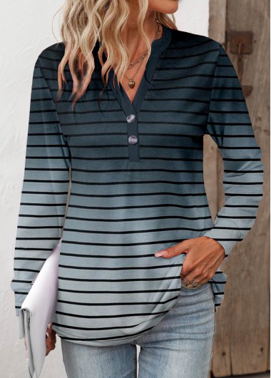 ROTITA Button Striped Navy Split Neck Long Sleeve T Shirt