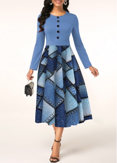 ROTITA Patchwork Denim-effect Print Dusty Blue Round Neck Dress