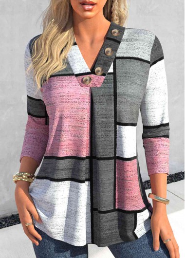 ROTITA Button Geometric Print Pink V Neck T Shirt
