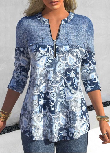ROTITA Patchwork Floral Print Denim Blue Split Neck Blouse