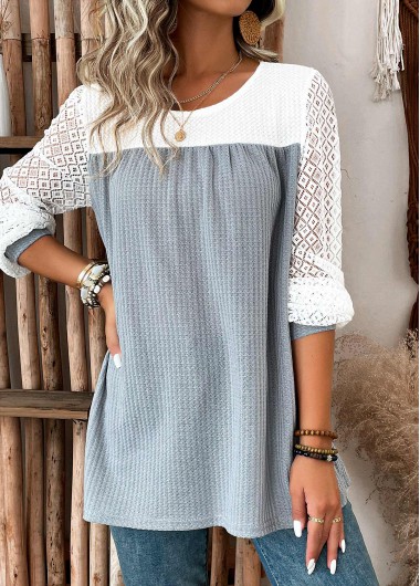 Lace Grey Round Neck Long Sleeve T Shirt