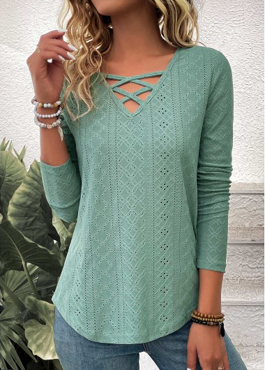 Criss Cross Green V Neck Long Sleeve T Shirt