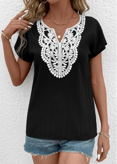 ROTITA Patchwork Black Split Neck Short Sleeve T Shirt