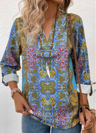Button Tribal Print Olive Green V Neck T Shirt
