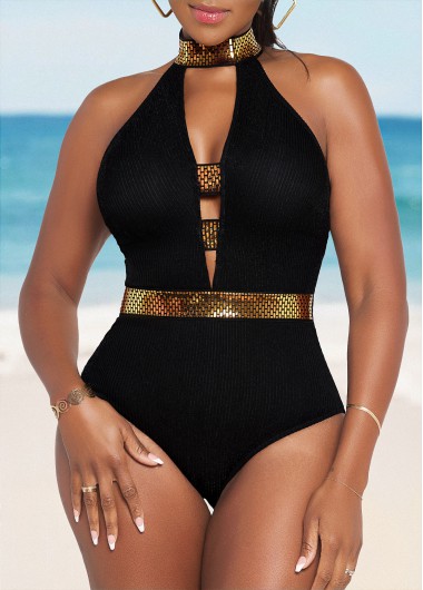 ROTITA Shinning Black Ladder Cutout One Piece Swimwear