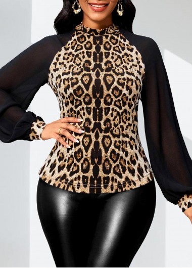 ROTITA Patchwork Leopard Dark Camel Stand Collar Long Sleeve Blouse