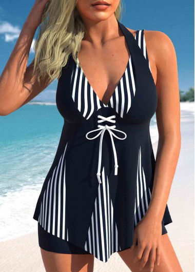 ROTITA Patchwork V-Neck Navy Striped Swimdress Top