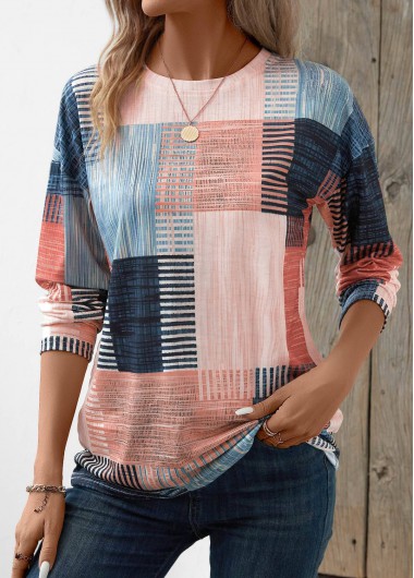 ROTITA Black Friday Patchwork Geometric Print Pink T Shirt