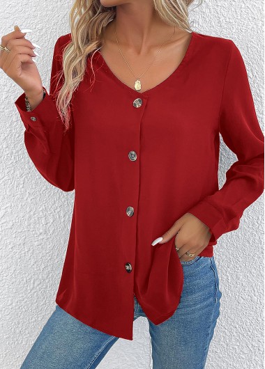 ROTITA Button Wine Red V Neck Long Sleeve Blouse