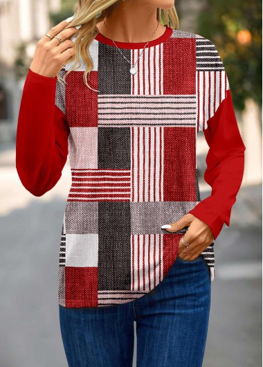 ROTITA Patchwork Geometric Print Wine Red Round Neck T Shirt