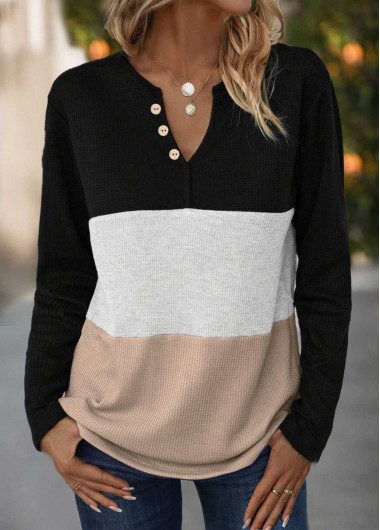 ROTITA Button Black Split Neck Long Sleeve T Shirt