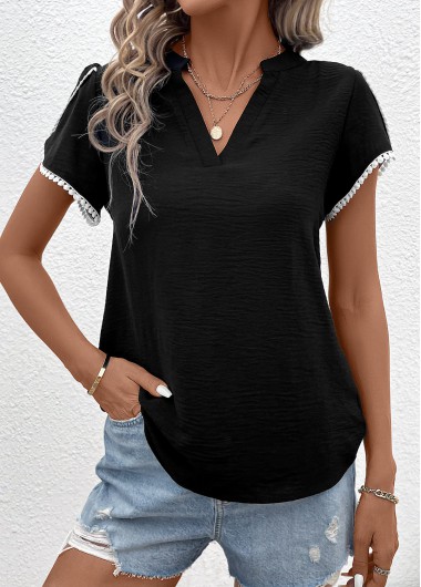 Patchwork Black V Neck Short Sleeve T Shirt