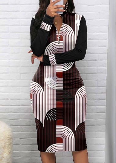 ROTITA Zipper Geometric Print Black Stand Collar Bodycon Dress