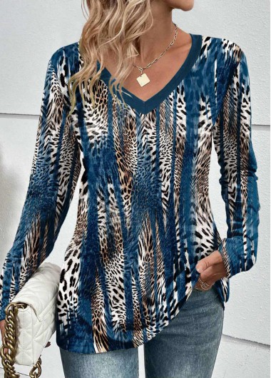 ROTITA Patchwork Leopard Peacock Blue V Neck T Shirt