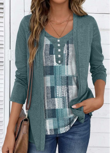 ROTITA Fake 2in1 Geometric Print Sage Green T Shirt