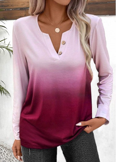 ROTITA Button Ombre Dark Reddish Purple Split Neck T Shirt