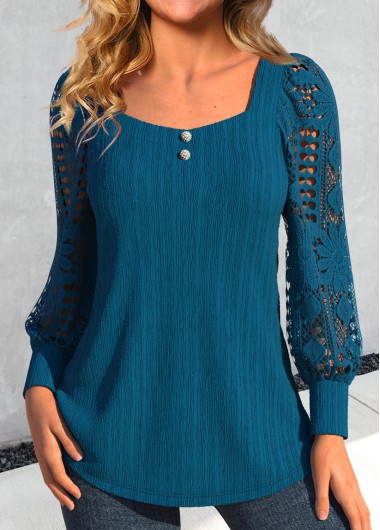 ROTITA Lace Peacock Blue Square Neck Long Sleeve Blouse