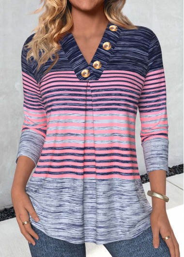 ROTITA Button Striped Multi Color V Neck T Shirt