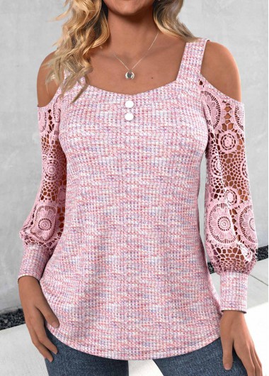 ROTITA Patchwork Light Pink Square Neck Long Sleeve T Shirt