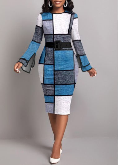 ROTITA Layered Geometric Print Blue Round Neck Dress
