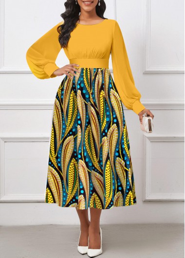 ROTITA Umbrella Hem Tribal Print Yellow Round Neck Dress