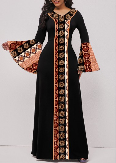 ROTITA Patchwork Tribal Print Black V Neck Maxi Dress