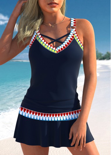 ROTITA Circular Ring Navy Tribal Print Low Waisted Tankini Set
