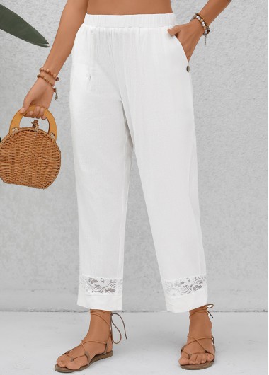 Patchwork White Elastic Waist High Waisted Pants