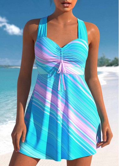 ROTITA Drawstring Cyan Striped High Waisted Swimdress and Shorts