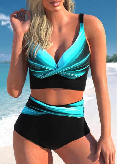 ROTITA Criss Cross Cyan Ombre High Waisted Bikini Set