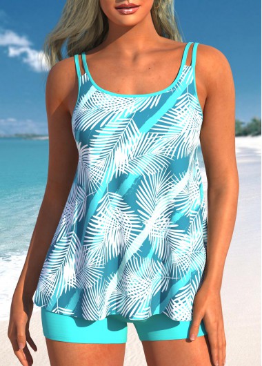 ROTITA Cyan Tropical Plants Print Mid Waisted Tankini Set
