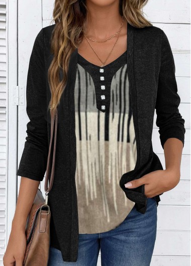ROTITA Fake 2in1 Black V Neck Long Sleeve T Shirt