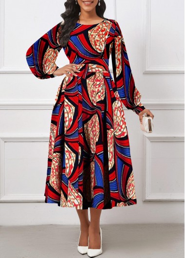 ROTITA Umbrella Hem Tribal Print Red Belted Round Neck Dress