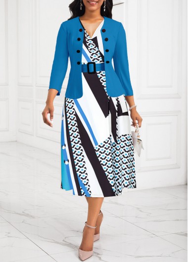 ROTITA Two Piece Geometric Print Blue V Neck Dress