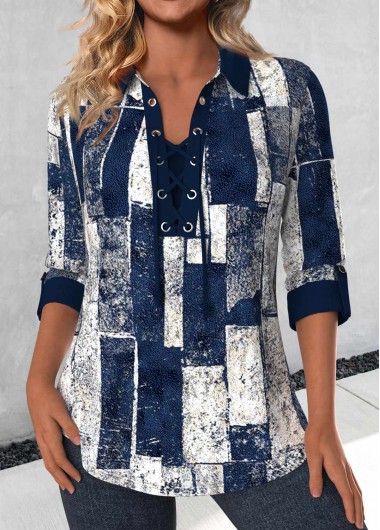 ROTITA Lace Up Geometric Print Navy Blouse