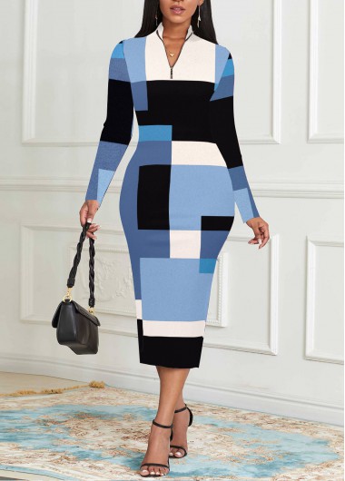ROTITA Zipper Geometric Print Light Blue Shirt Collar Dress