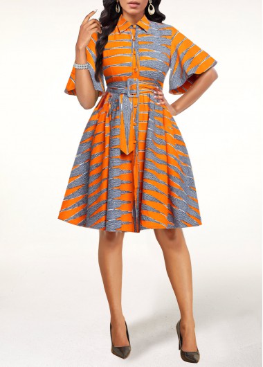 ROTITA Button Tribal Print Orange Belted Shirt Collar Dress