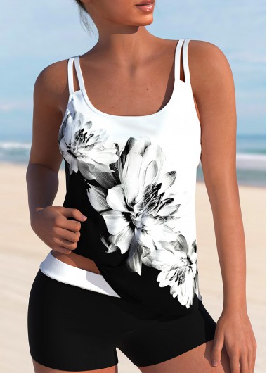 ROTITA White Floral Print High Waisted Tankini Set