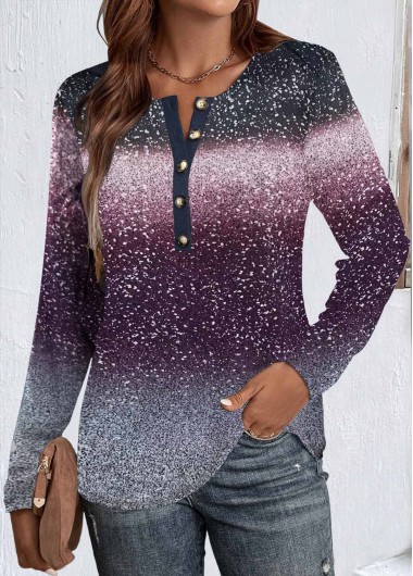 ROTITA Button Ombre Purple Round Neck Long Sleeve T Shirt