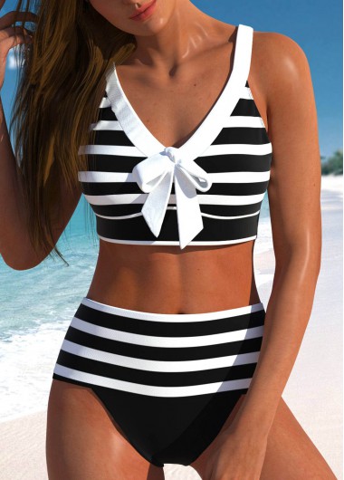 ROTITA Bowknot Black Striped High Waisted Bikini Set