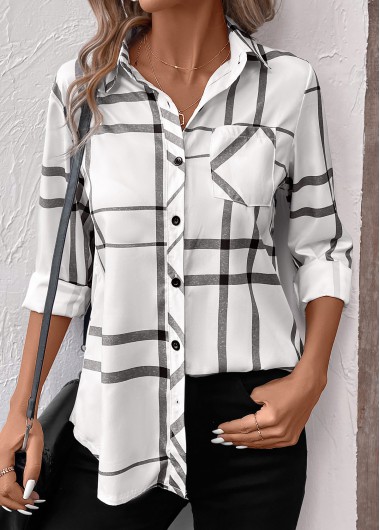 ROTITA Pocket Geometric Print White Shirt Collar Long Sleeve Blouse