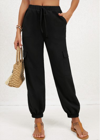 Double Side Pockets Black Jogger Elastic Waist Pants