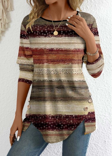 ROTITA Button Tribal Print Multi Color Round Neck T Shirt