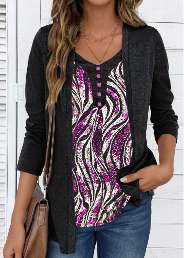 ROTITA Fake 2in1 Wave Pattern Print Scoop Neck T Shirt