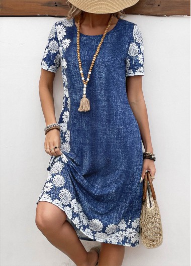 ROTITA Pocket Floral Print Denim Blue A Line Dress
