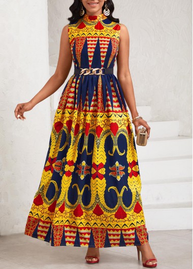 ROTITA Ruched Baroque Print Yellow Stand Collar Sleeveless Dress