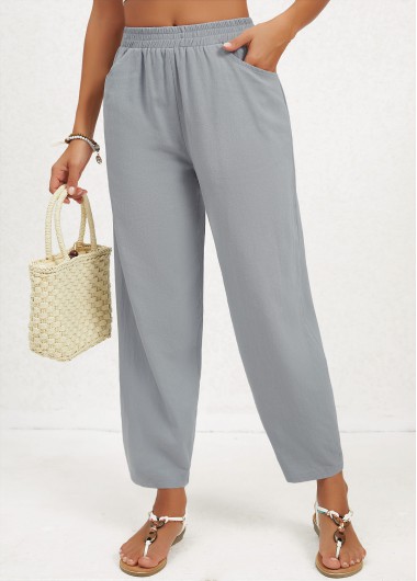 Pocket Regular Elastic Waist High Waisted Grey Pants