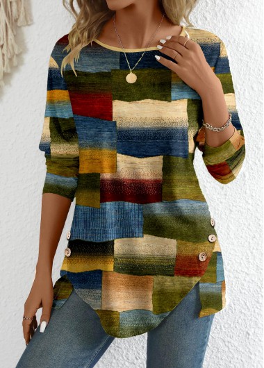 ROTITA Button Geometric Print Multi Color Round Neck T Shirt