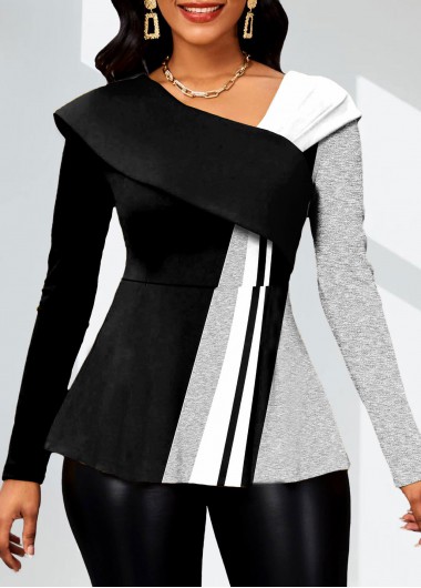 ROTITA Patchwork Geometric Print Black Asymmetrical Neck Long Sleeve Blouse