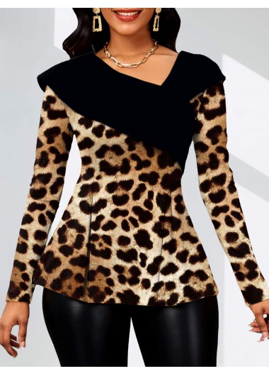 ROTITA Asymmetry Leopard Dark Coffee Asymmetrical Neck Long Sleeve Blouse